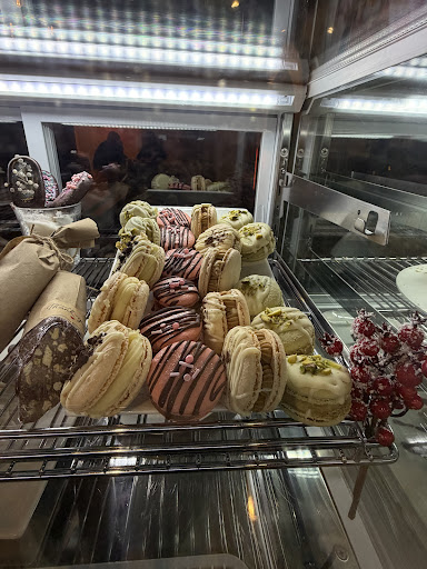Macarons and pastries in the café display